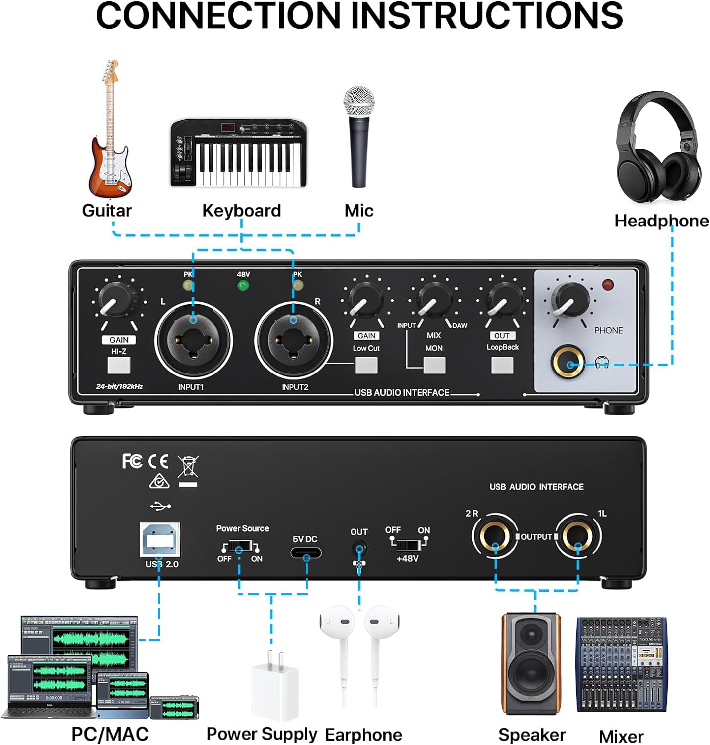 USB Audio Interface for PC, 2i2 Computer Audio Interface for Recording Music, Portable Interfaz de Audio Mixer for Studio Beginner Podcaster Guitarist