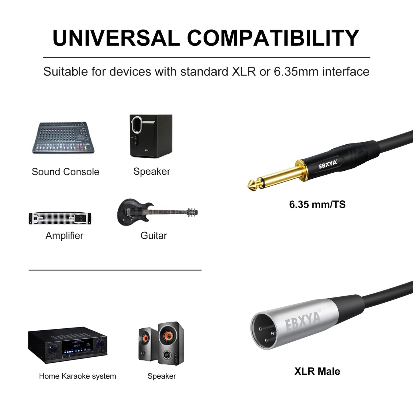 EBXYA 1/4'' TS TRS Mono Guitar to XLR Male Unbalanced Cable, 6.35 Jack to XLR Cable, 2 Packs