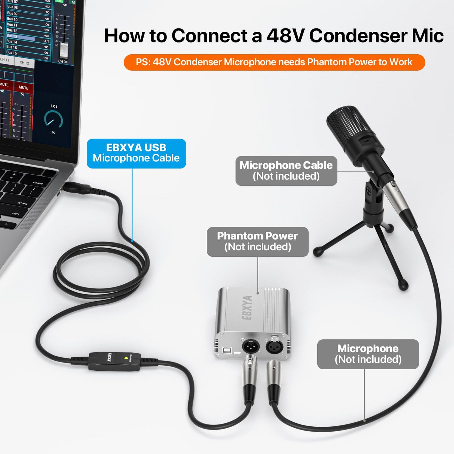 EBXYA XLR to USB Cable, 3ft, for Audio Recording, Karaoke, Live Podcast, 2 Modes, 24AWG 4N Copper, Interference Filter, Compatible with Dynamic Microphones, Windows, Mac OS, USB-C