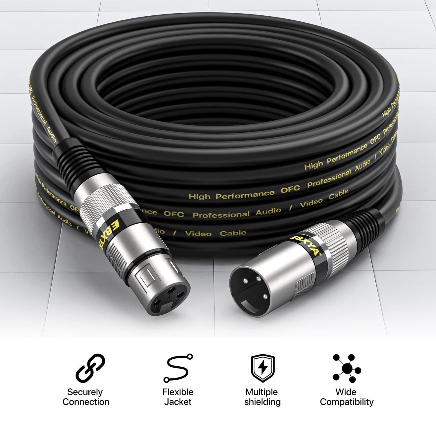 EBXYA XLR Cable 15ft 4 Packs - Premium Balanced DMX Cable with 3-Pin XLR Male to Female Microphone Cable, Black