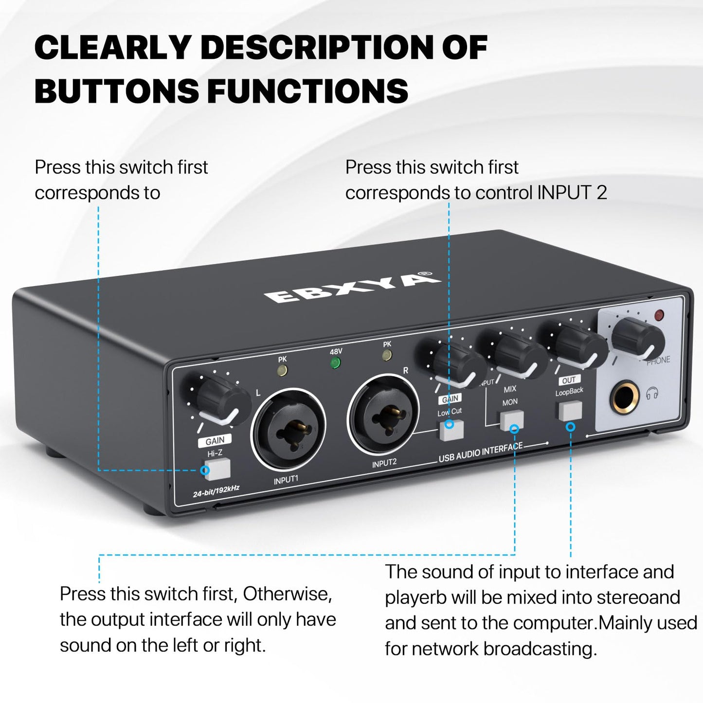 USB Audio Interface for PC, 2i2 Computer Audio Interface for Recording Music, Portable Interfaz de Audio Mixer for Studio Beginner Podcaster Guitarist