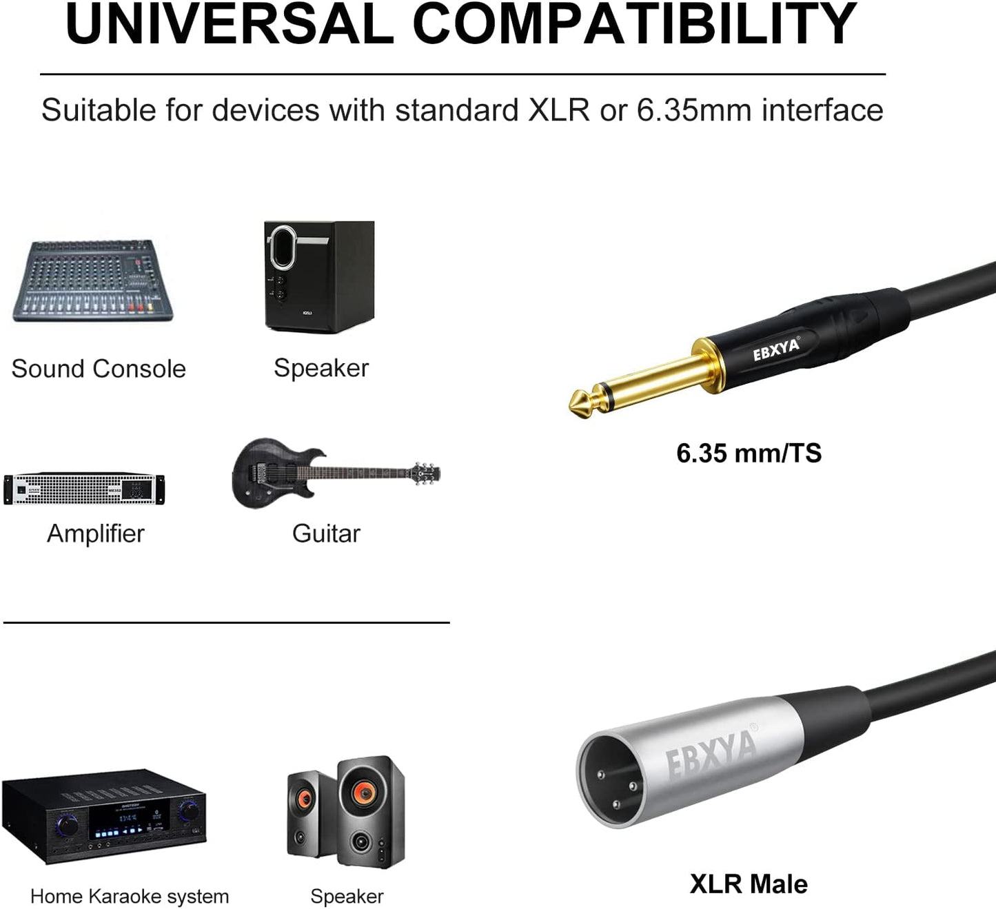 EBXYA XLR Male to 1/4 Inch TS Mono Unbalanced Microphone Cable, 6.35mm to XLR Cable, 2 PCS