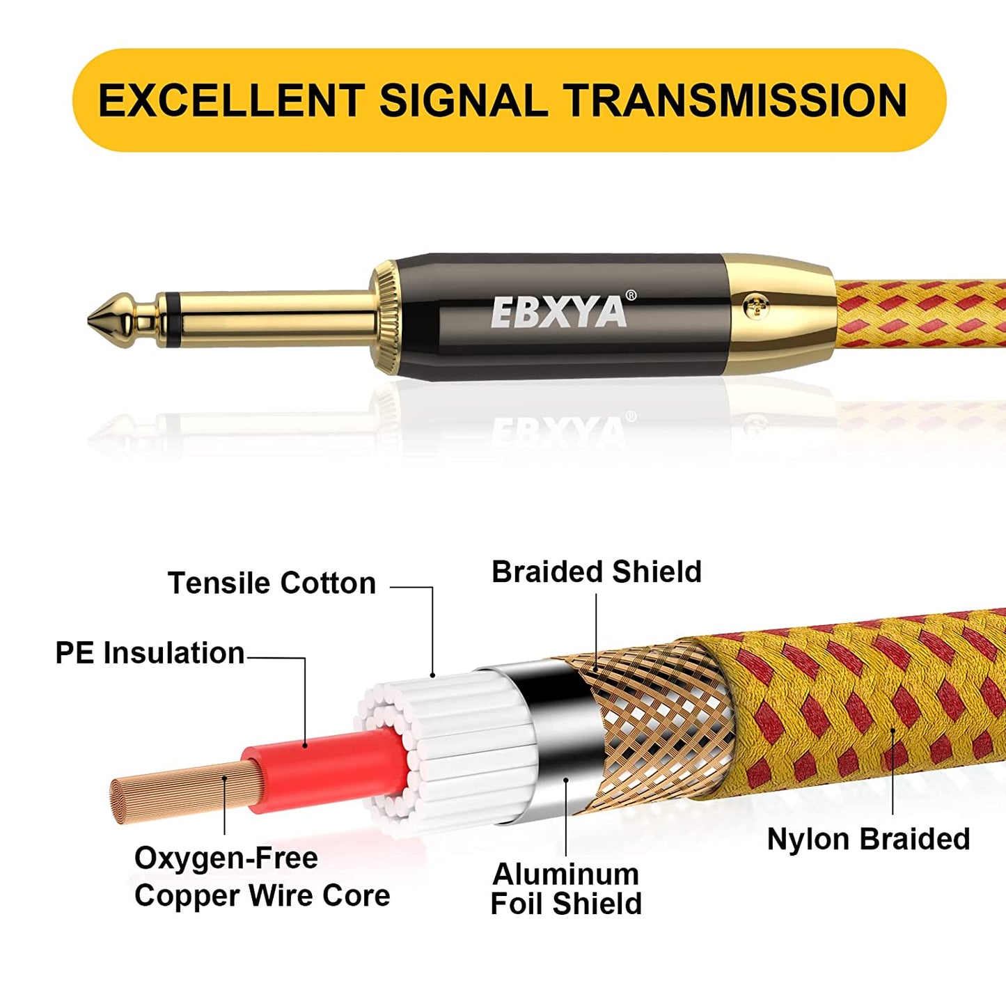 EBXYA Guitar Cable , 1/4 Inch TS Instrument Cable Yellow, Professional Straight to Right Angle Electric Instrument Cable Bass AMP Cord for Electric Guitar, Bass, Electric Mandolin, Pro Audio