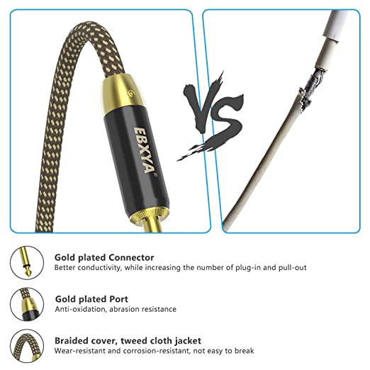 EBXYA Guitar Cable 2 pack, Instrument Cable AMP Cord, 1/4 inch Guitar Cable Straight to Straight/Right Angle, Guitar Cord Gold Plated, Braided Yellow TS Guitar Cable for Electric Guitar, Bass