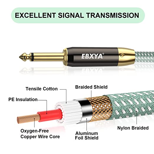 EBXYA Guitar Cable 2 pack, Instrument Cable AMP Cord, 1/4 inch Guitar Cable Straight to Straight/Right Angle, Guitar Cord Gold Plated, Braided Yellow TS Guitar Cable for Electric Guitar, Bass