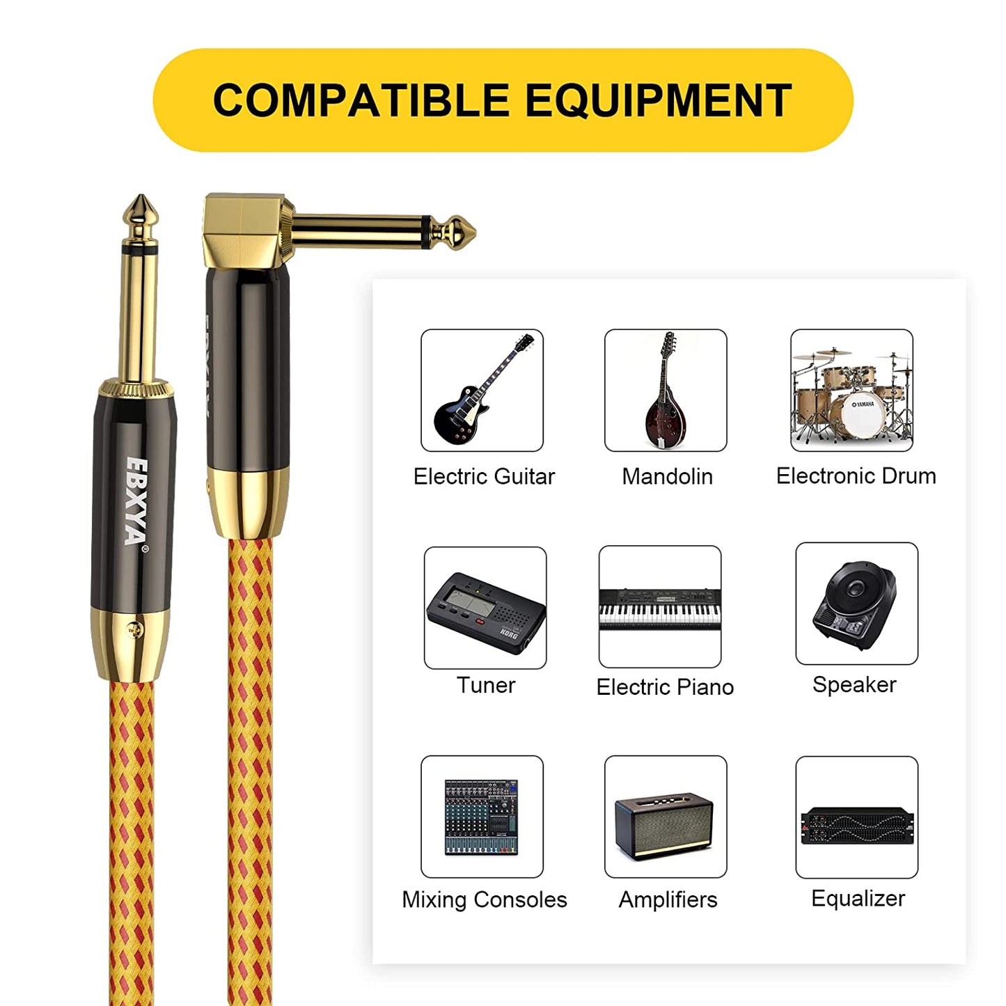EBXYA Guitar Cable , 1/4 Inch TS Instrument Cable Yellow, Professional Straight to Right Angle Electric Instrument Cable Bass AMP Cord for Electric Guitar, Bass, Electric Mandolin, Pro Audio