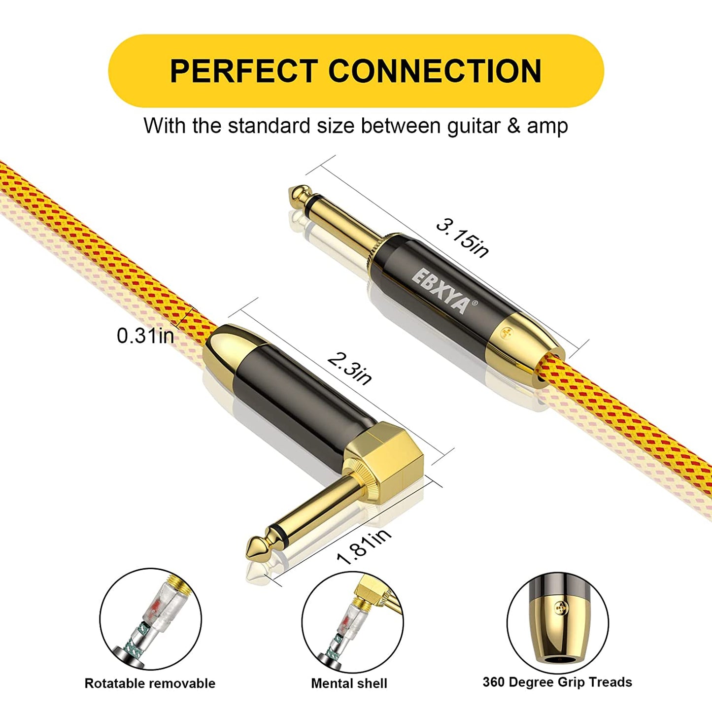 EBXYA Guitar Cable , 1/4 Inch TS Instrument Cable Yellow, Professional Straight to Right Angle Electric Instrument Cable Bass AMP Cord for Electric Guitar, Bass, Electric Mandolin, Pro Audio