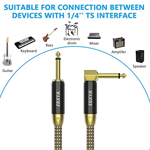EBXYA Guitar Cable 2 pack, Instrument Cable AMP Cord, 1/4 inch Guitar Cable Straight to Straight/Right Angle, Guitar Cord Gold Plated, Braided Yellow TS Guitar Cable for Electric Guitar, Bass