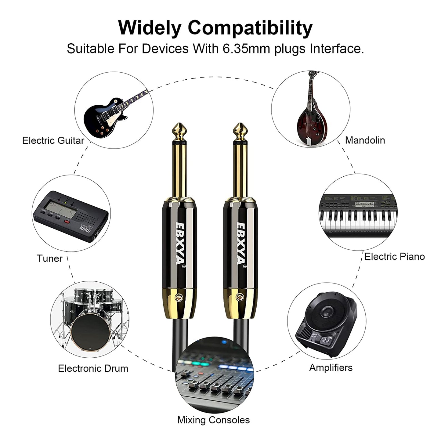 EBXYA Guitar Cable , 1/4 Inch Electric Instrument Cable Audio Guitar Cord with OFC Conductors, 22AWG Gold-Plated Connector, TS to TS Straight to Straight Amp Cord, for Guitar, Bass, Mandolin