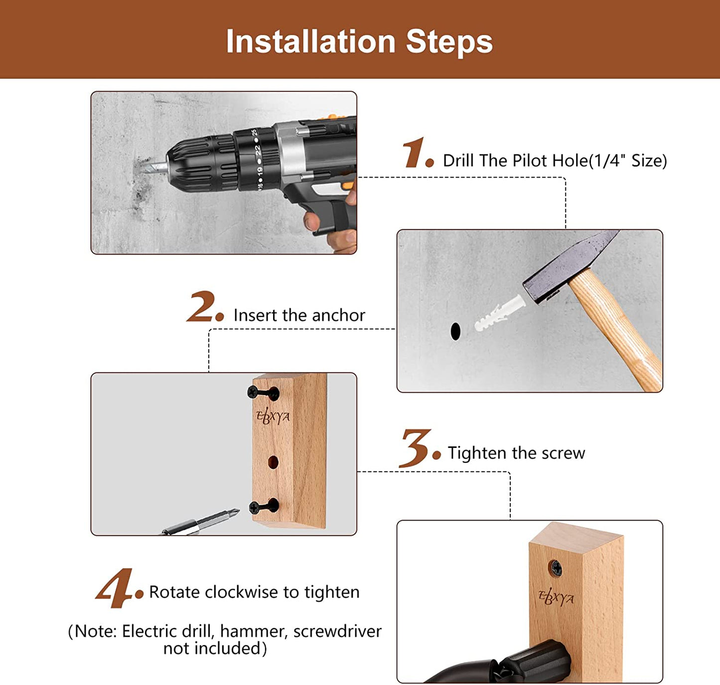 EBXYA Guitar Wall Mount, 2 Pack Guitar Wall Hangers, Hardwood Guitar Holder, Adjustable Guitar Hook & Screws, Electric Guitar Wall Mount Acoustic Guitar Wall Hanger for Bass, Mandolin, Banjo