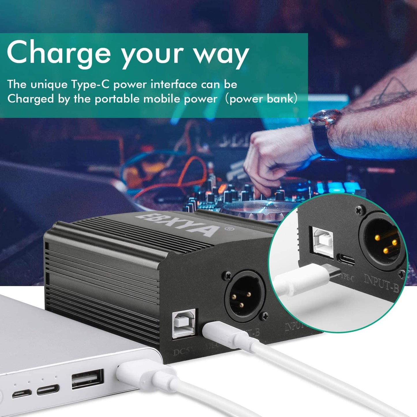 EBXYA Phantom Power Supply, 2-Channel 48V Phantom Power with USB A-Male to B-Male Charging Cable, 3.5mm to XLR Female Cable for Any Condenser Microphone Music Recording Equipment