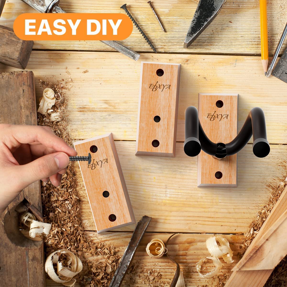 EBXYA Guitar Wall Mount, 2 Pack Guitar Wall Hangers, Hardwood Guitar Holder, Adjustable Guitar Hook & Screws, Electric Guitar Wall Mount Acoustic Guitar Wall Hanger for Bass, Mandolin, Banjo