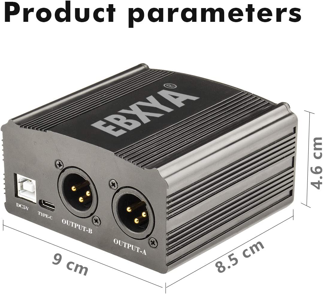 EBXYA Phantom Power Supply, 2-Channel 48V Phantom Power with USB A-Male to B-Male Charging Cable, 3.5mm to XLR Female Cable for Any Condenser Microphone Music Recording Equipment