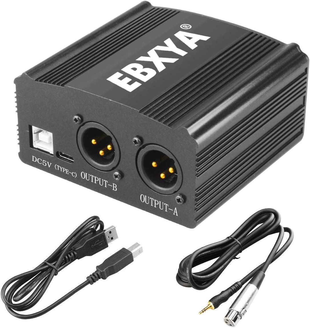 EBXYA Phantom Power Supply, 2-Channel 48V Phantom Power with USB A-Male to B-Male Charging Cable, 3.5mm to XLR Female Cable for Any Condenser Microphone Music Recording Equipment