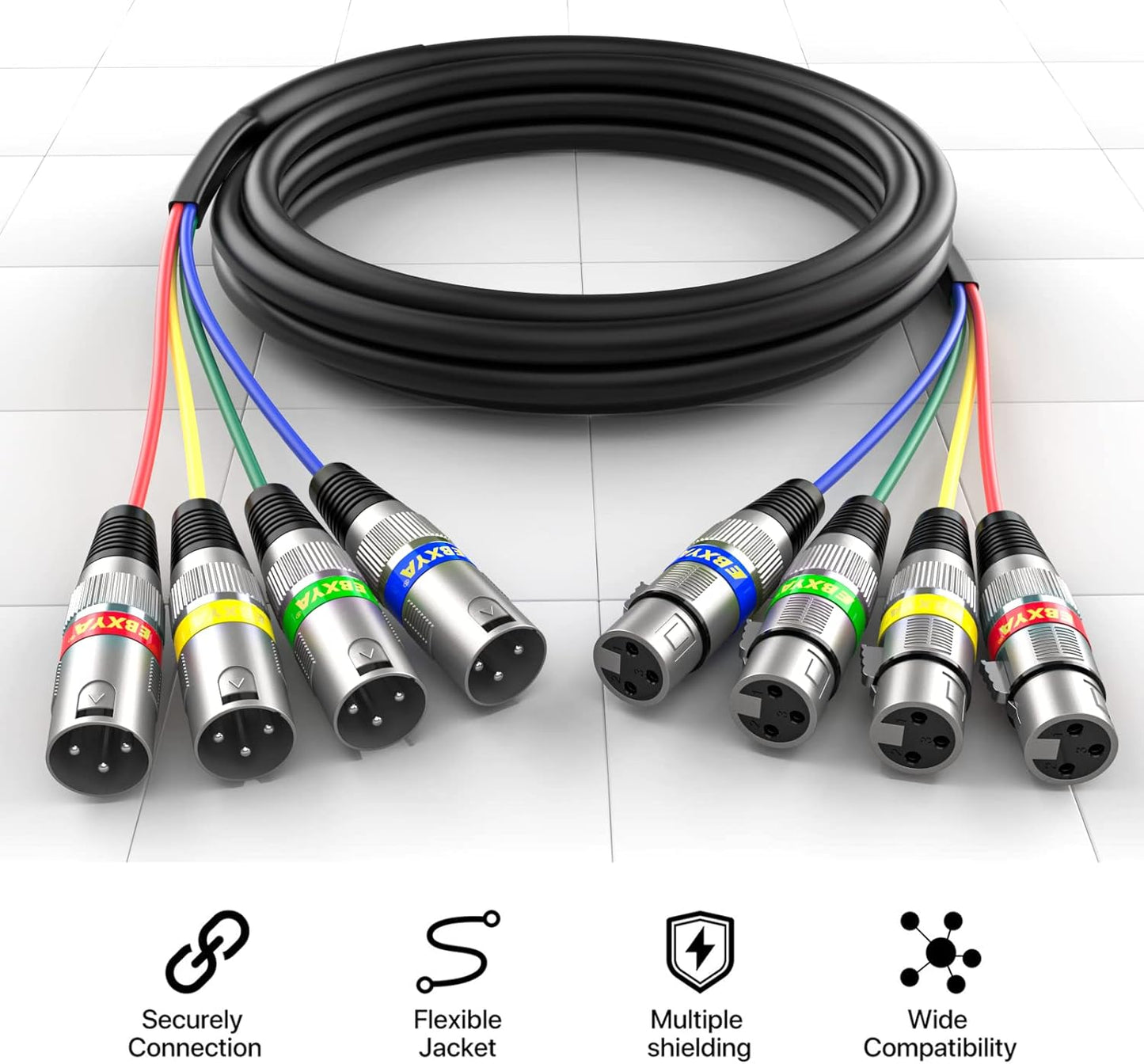 EBXYA XLR Cable 15ft 4 Packs - Premium Balanced DMX Cable with 3-Pin XLR Male to Female Microphone Cable, Black