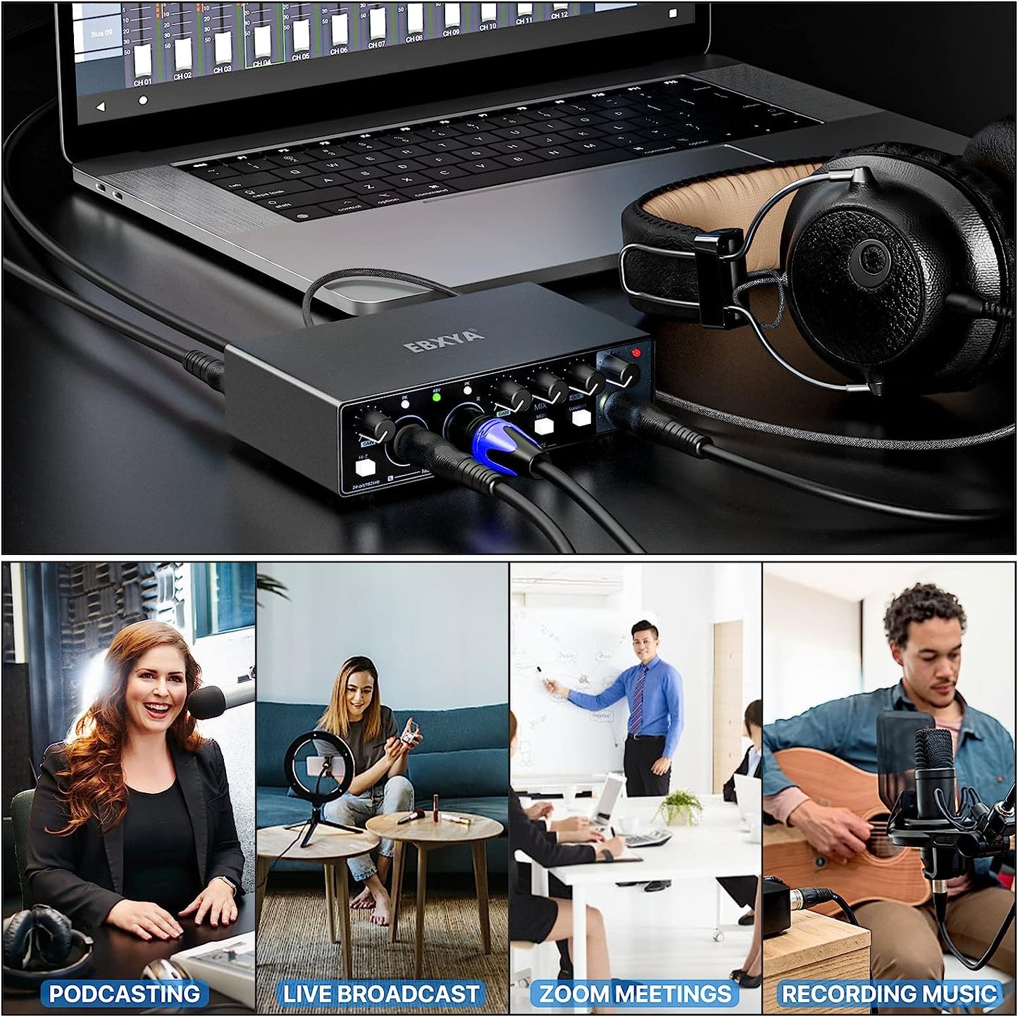 EBXYA 2x2 USB Audio Interface for Recording, Streaming and Podcasting, 24Bit/196kHz High-Fidelity, Studio Quality Audio Interface for Guitarist, Vocalist, Podcaster or Producer