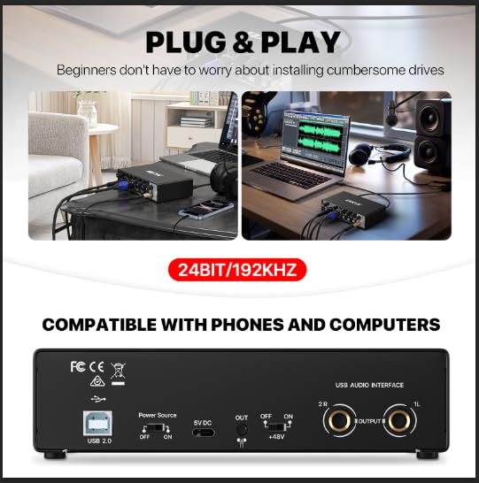 USB Audio Interface for PC, 2i2 Computer Audio Interface for Recording Music, Portable Interfaz de Audio Mixer for Studio Beginner Podcaster Guitarist