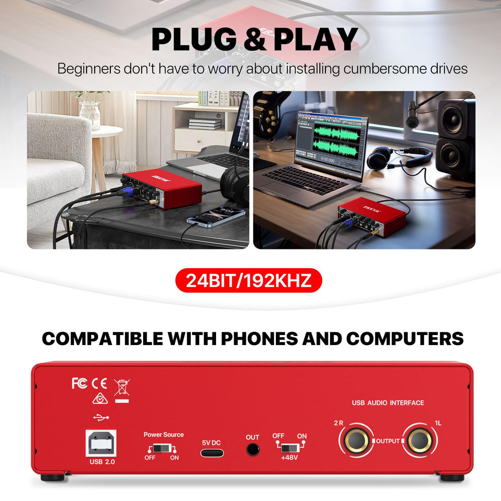 USB Audio Interface for PC, 2i2 Computer Audio Interface for Recording ...