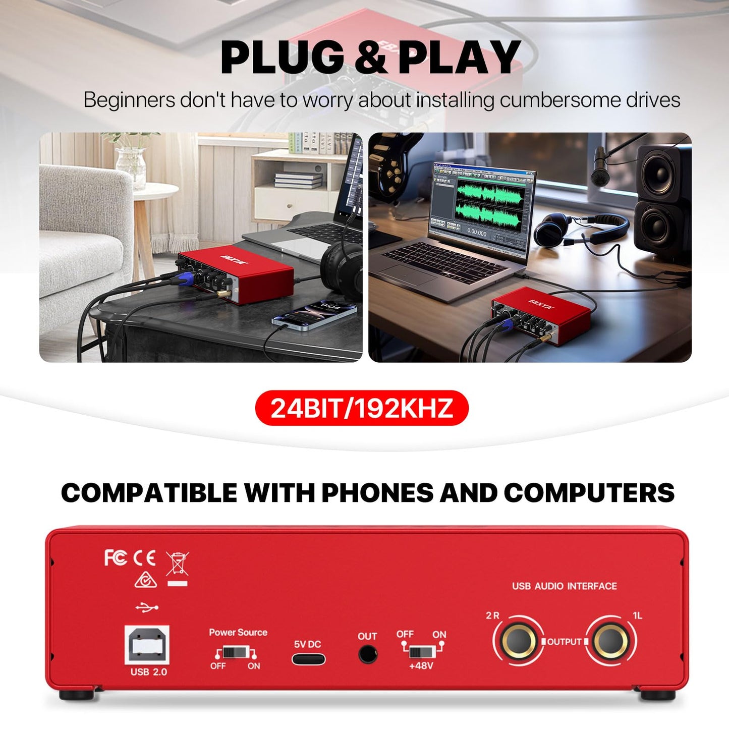 USB Audio Interface for PC, 2i2 Computer Audio Interface for Recording Music, Portable Interfaz de Audio Mixer for Studio Beginner Podcaster Guitarist