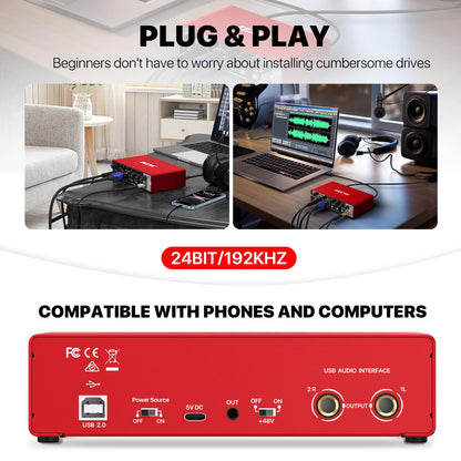 USB Audio Interface for PC, 2i2 Computer Audio Interface for Recording Music, Portable Interfaz de Audio Mixer for Studio Beginner Podcaster Guitarist