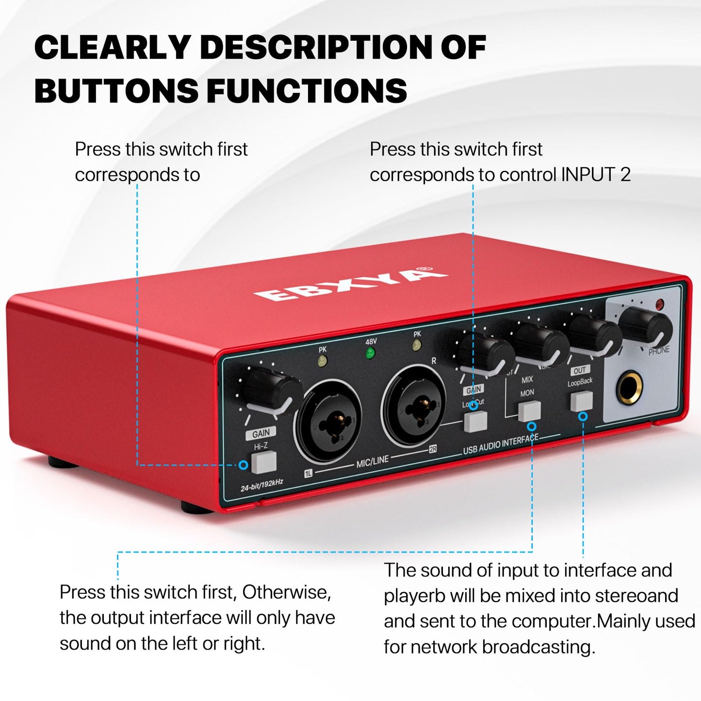 USB Audio Interface for PC, 2i2 Computer Audio Interface for Recording Music, Portable Interfaz de Audio Mixer for Studio Beginner Podcaster Guitarist