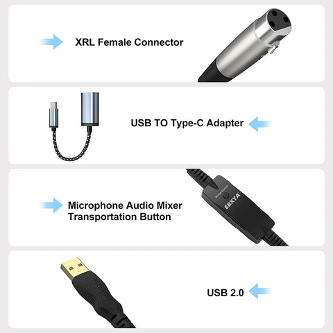 EBXYA XLR to USB Cable, USB to XLR Microphone Cable 3 Pin XLR Female Cables Adapter with USB to Type-C Adapter Cord for Audio Recording Karaoke Live Podcast