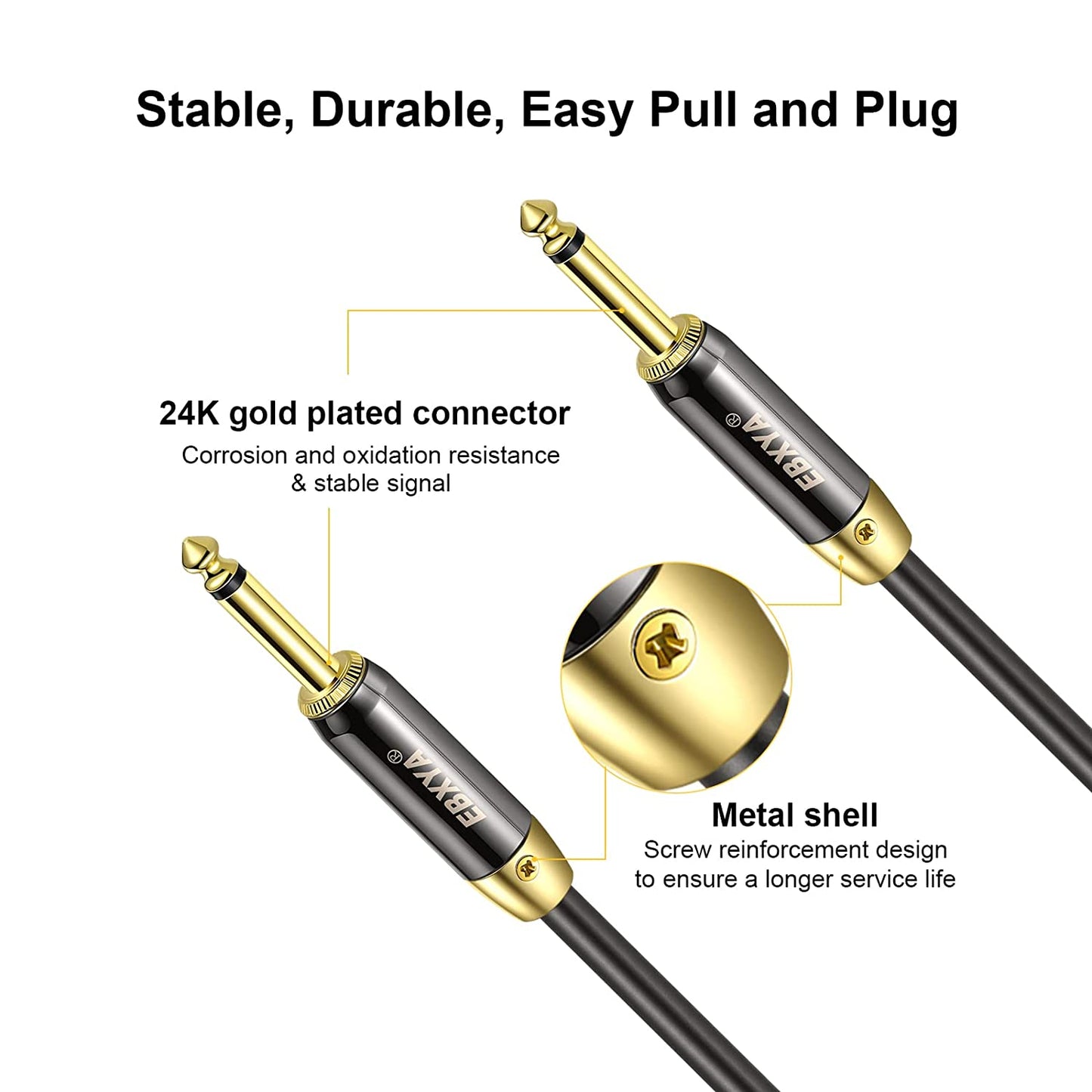 EBXYA Guitar Cable , 1/4 Inch Electric Instrument Cable Audio Guitar Cord with OFC Conductors, 22AWG Gold-Plated Connector, TS to TS Straight to Straight Amp Cord, for Guitar, Bass, Mandolin