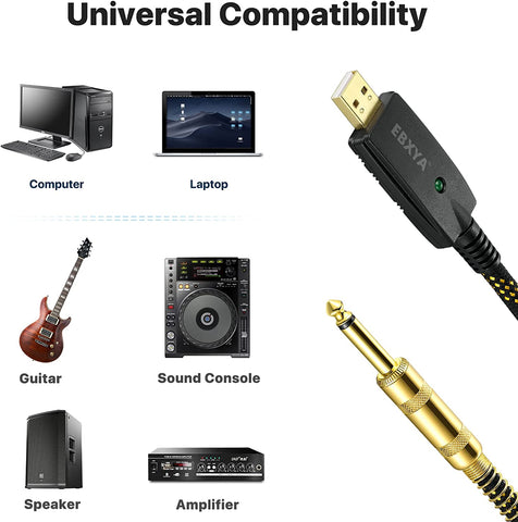 EBXYA USB Guitar Cable , Gold Plated 1/4 Inch Plug to USB Interface Cable Professional Guitar Bass to PC USB Recording Cord Adaptor