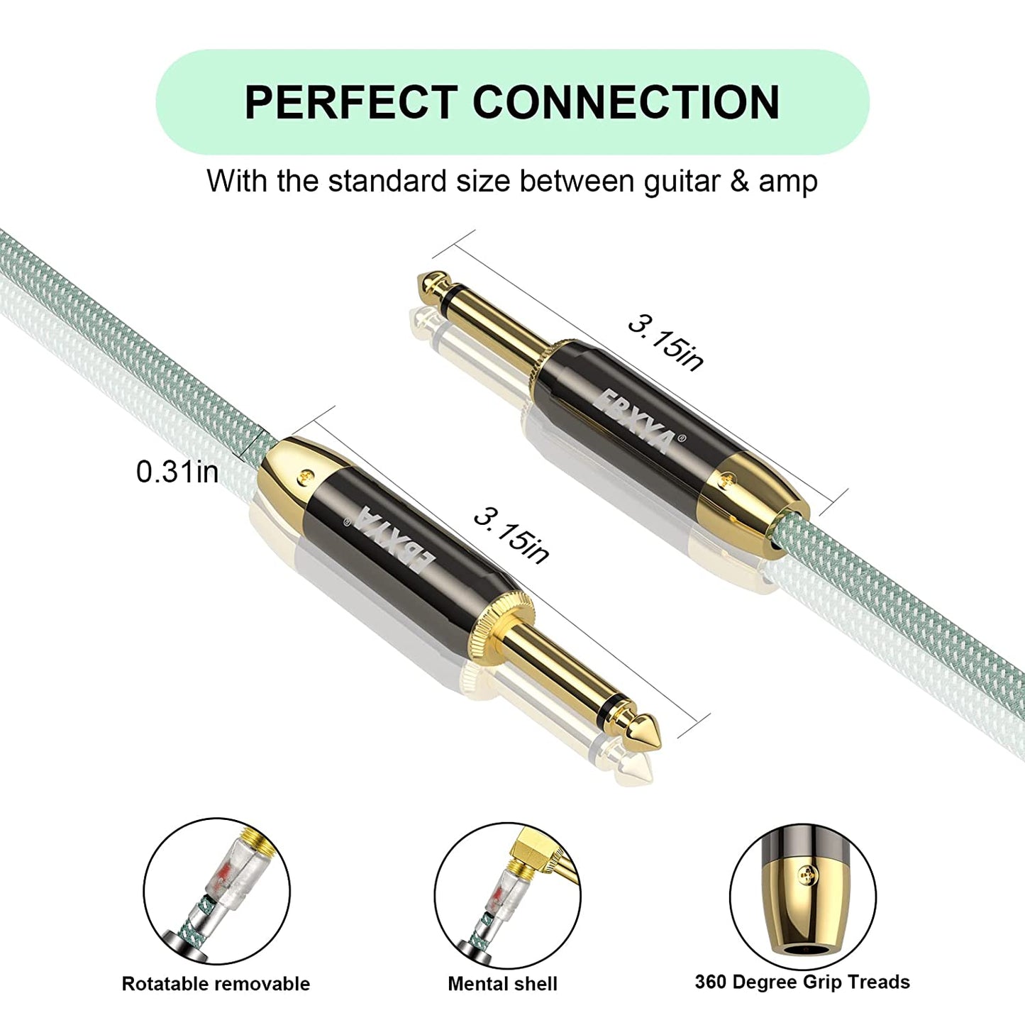 EBXYA Guitar Cable , 1/4 Inch TS Instrument Cable Green, Professional Electric Instrument Cable Bass AMP Cord for Electric Guitar, Bass, Electric Mandolin, Pro Audio
