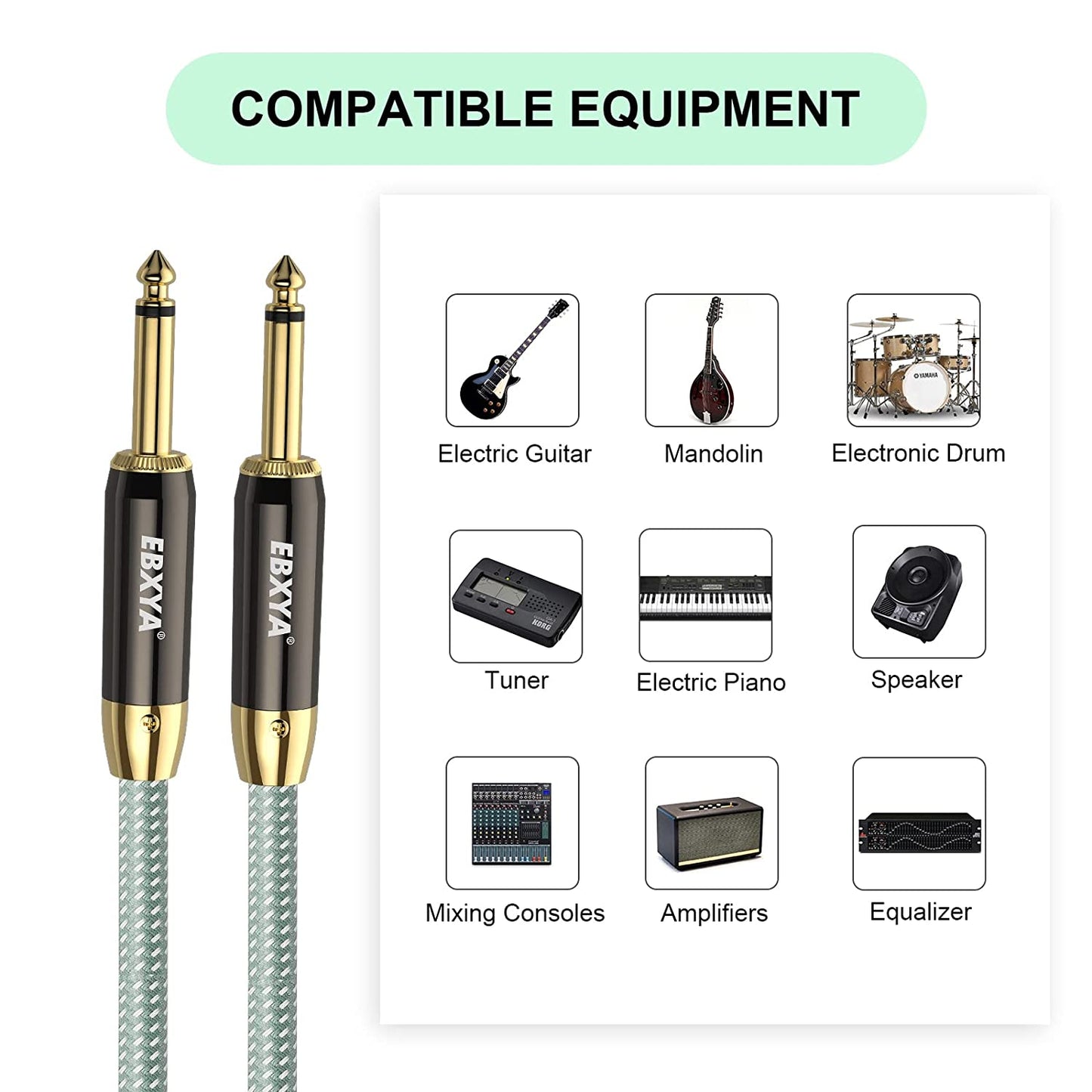 EBXYA Guitar Cable , 1/4 Inch TS Instrument Cable Green, Professional Electric Instrument Cable Bass AMP Cord for Electric Guitar, Bass, Electric Mandolin, Pro Audio