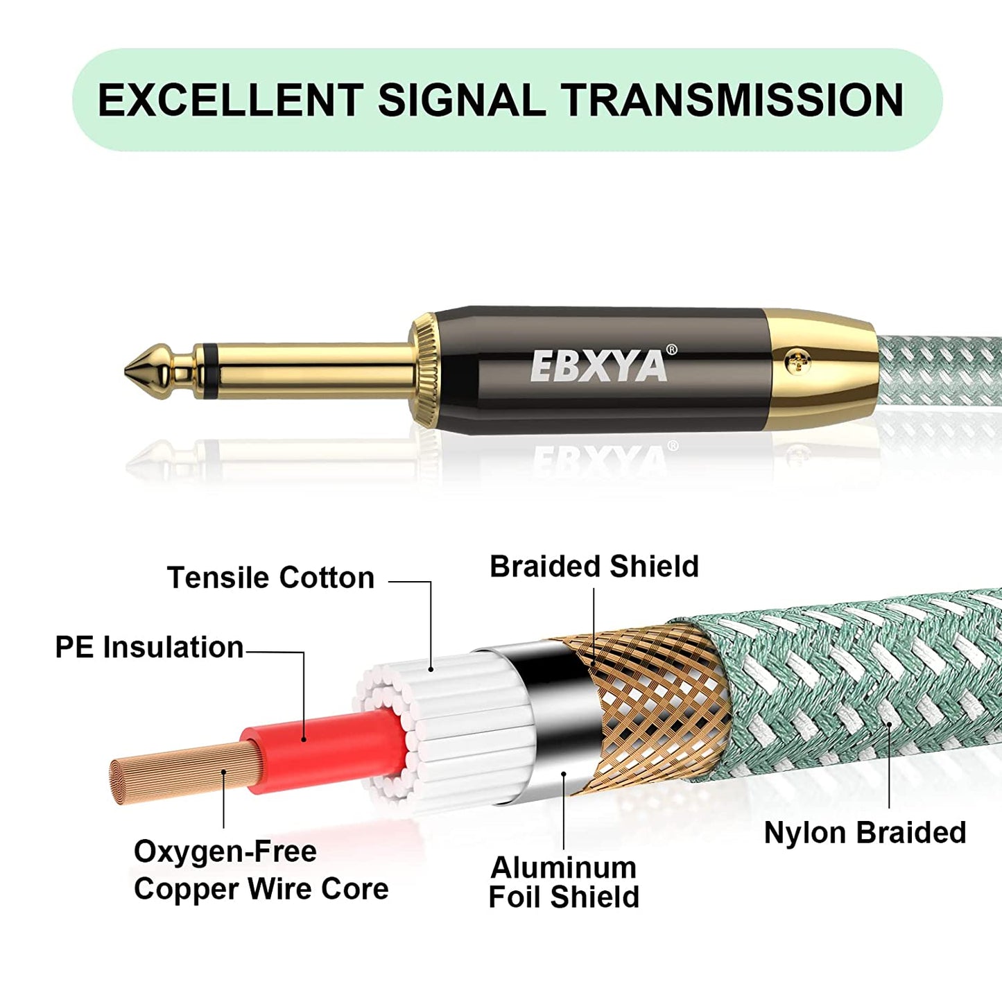 EBXYA Guitar Cable , 1/4 Inch TS Instrument Cable Green, Professional Electric Instrument Cable Bass AMP Cord for Electric Guitar, Bass, Electric Mandolin, Pro Audio