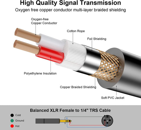 EBXYA XLR to 1/4 TRS Female Cable 10ft TRS to XLR Cable 10ft Balanced 6.35mm Plug to Male Microphone Cable with Gold Plated Connectors, Compatible with Microphone, Powered Speaker, Mixer