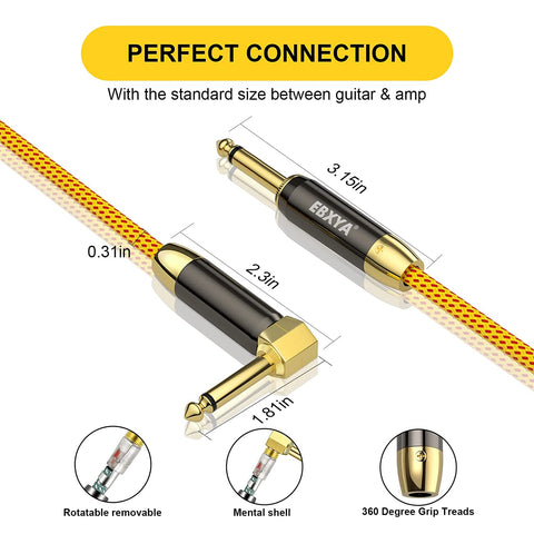 EBXYA Guitar Cable 2 Pack, 1/4 Inch TS Instrument Cable Yellow, Professional Electric Instrument Cable Bass AMP Cord for Electric Guitar, Bass, Electric Mandolin, Pro Audio