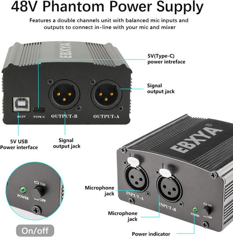 EBXYA Phantom Power Supply, 2-Channel 48V Phantom Power with USB A-Male to B-Male Charging Cable, 3.5mm to XLR Female Cable for Any Condenser Microphone Music Recording Equipment
